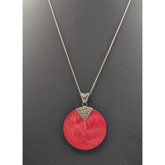 Vtg 925 Sterling Silver Bali Design Red Sponge Coral Pendant Box Chain Necklace - Picture 3 of 10